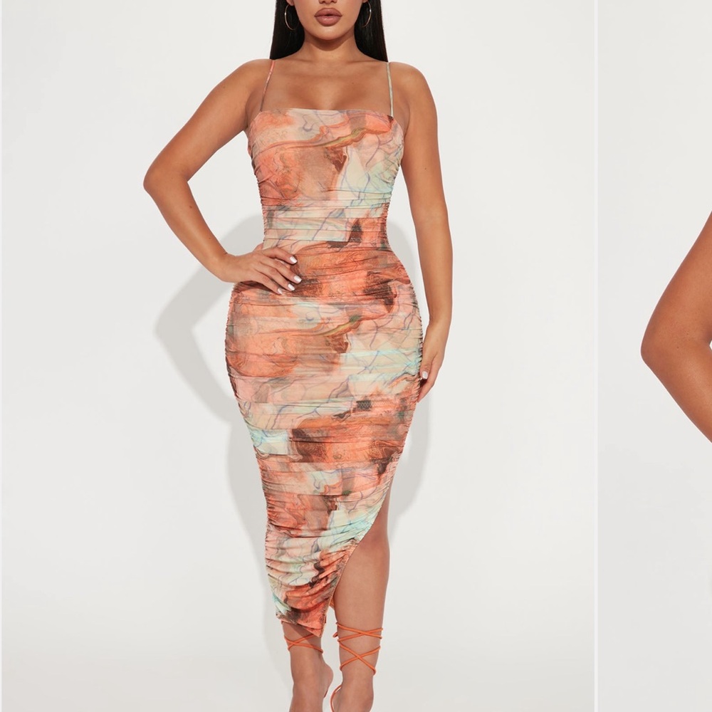 Fashion Nova Abstract Midi Dress - Orange and Mint